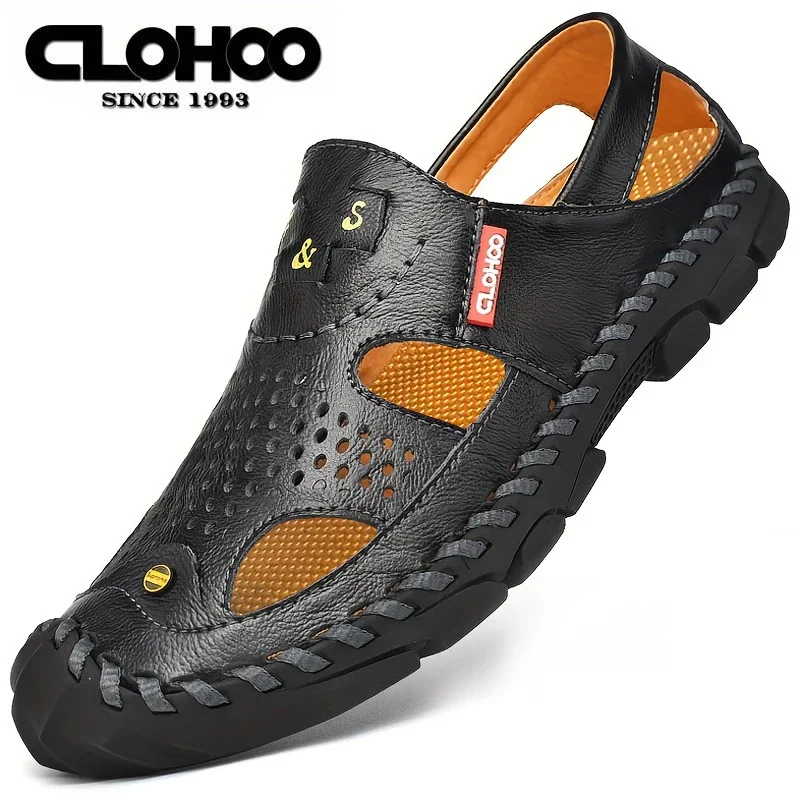 

CLOHOO Two Layer Cowhide Leather Rubber Sole Handmade Shoes Sewing Shoes No Glue Sandals Casual Versatile Beach Men's Sandals