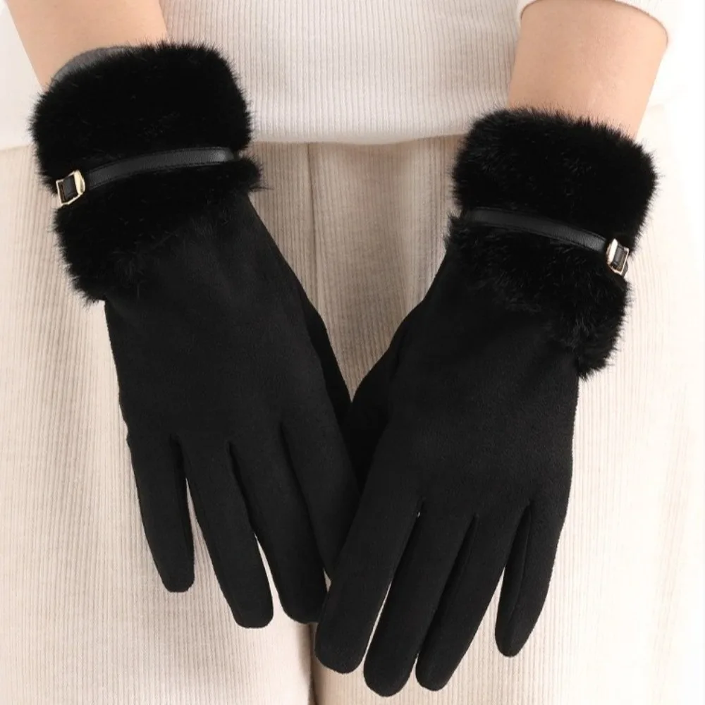 All-Match Velvet Winter Suede Gloves Windproof Full Finger Women Gloves with Fleece Lining Korean Style Cycling Mittens Outdoor
