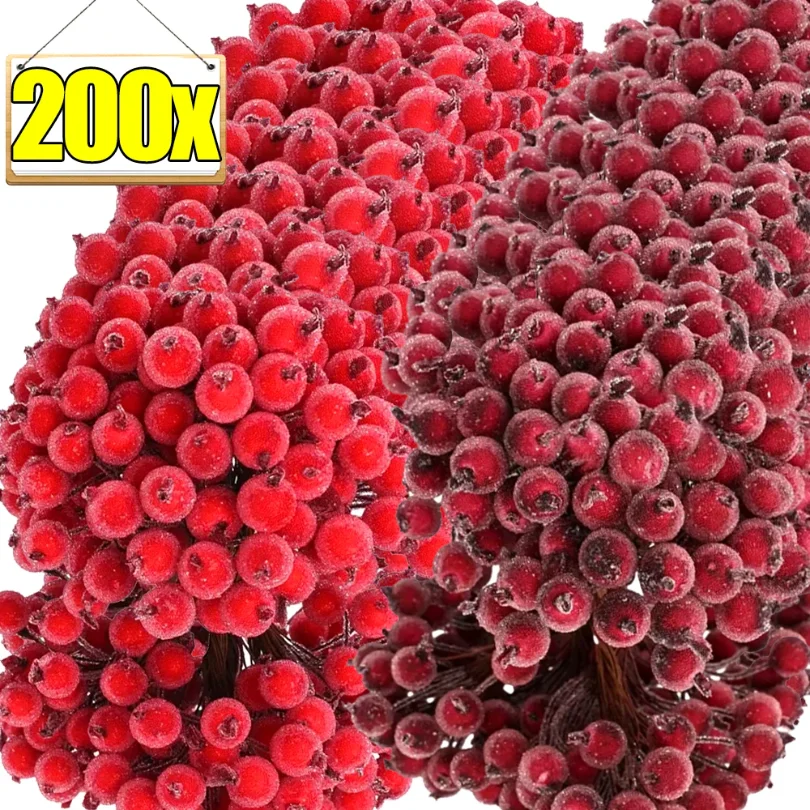 Venta al por mayor de bayas esmeriladas artificiales Mini doble cabeza Navidad acebo rojo oro plata bayas flores corona decoración de fiesta de Navidad