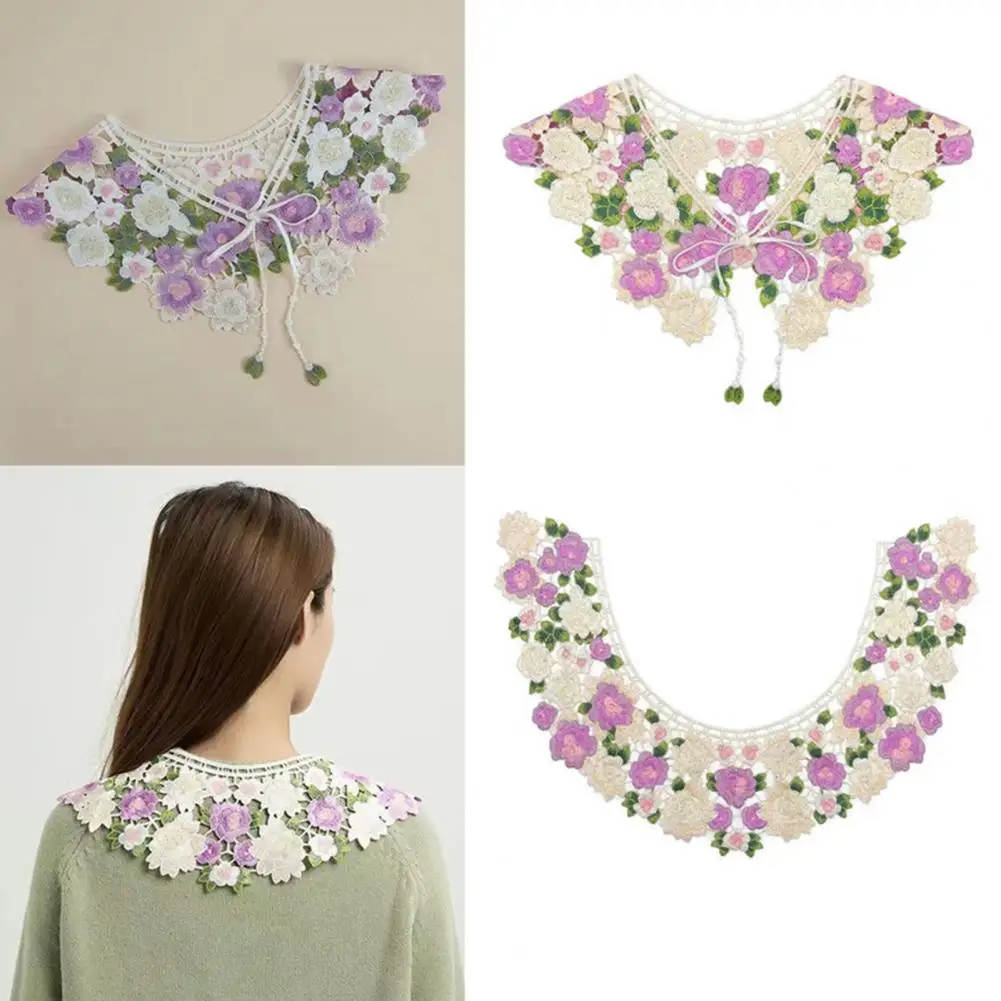 Fake Collar Embroidered Flower Pattern Fake Collar with Adjustable Lace-up Design Doll Neck Style for Women