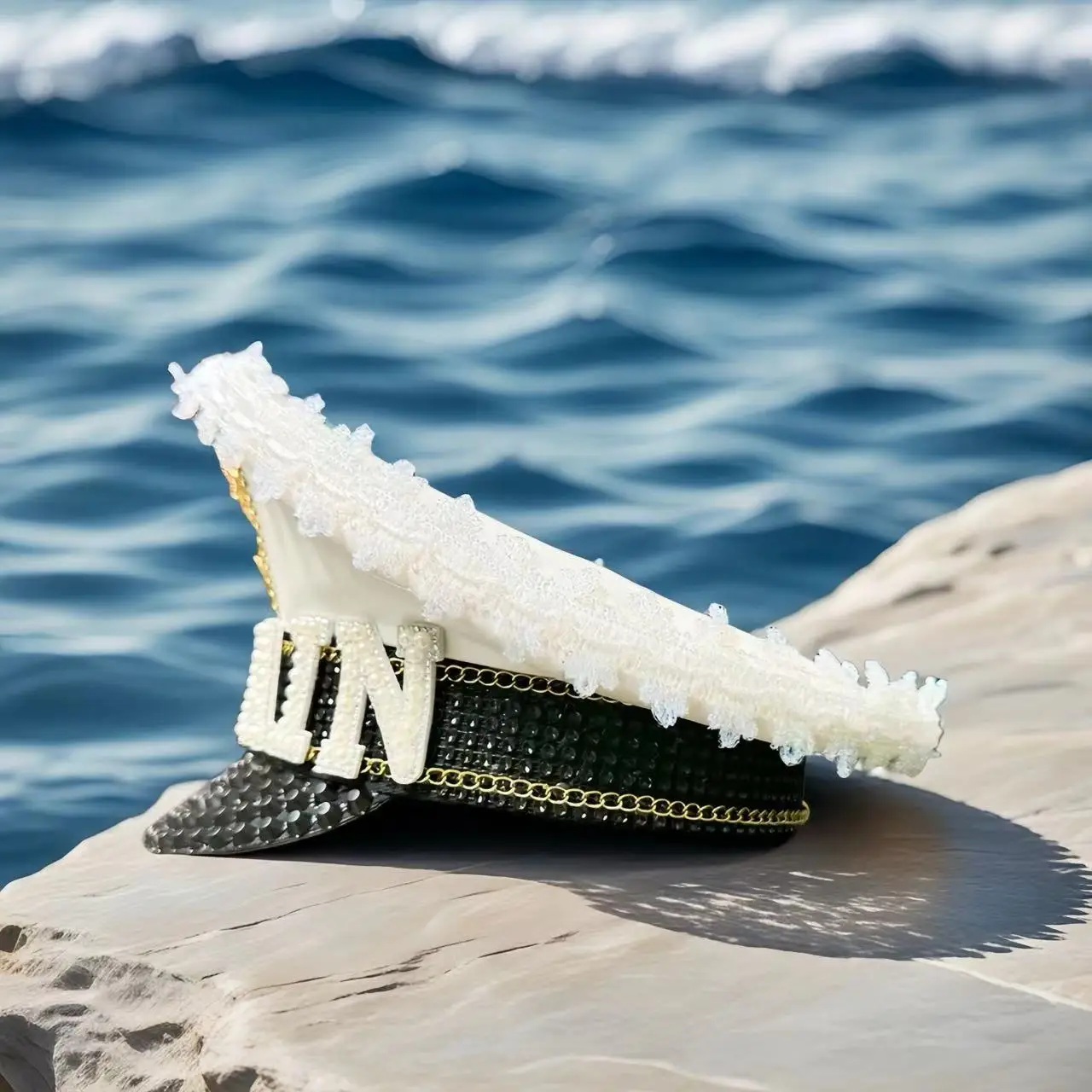 HongLuan Yellow Laser Leather Loop Captain Hat Rhinestone & Military Caps for Woman, Rave Festivals Accessories ＆ Party Cap Man