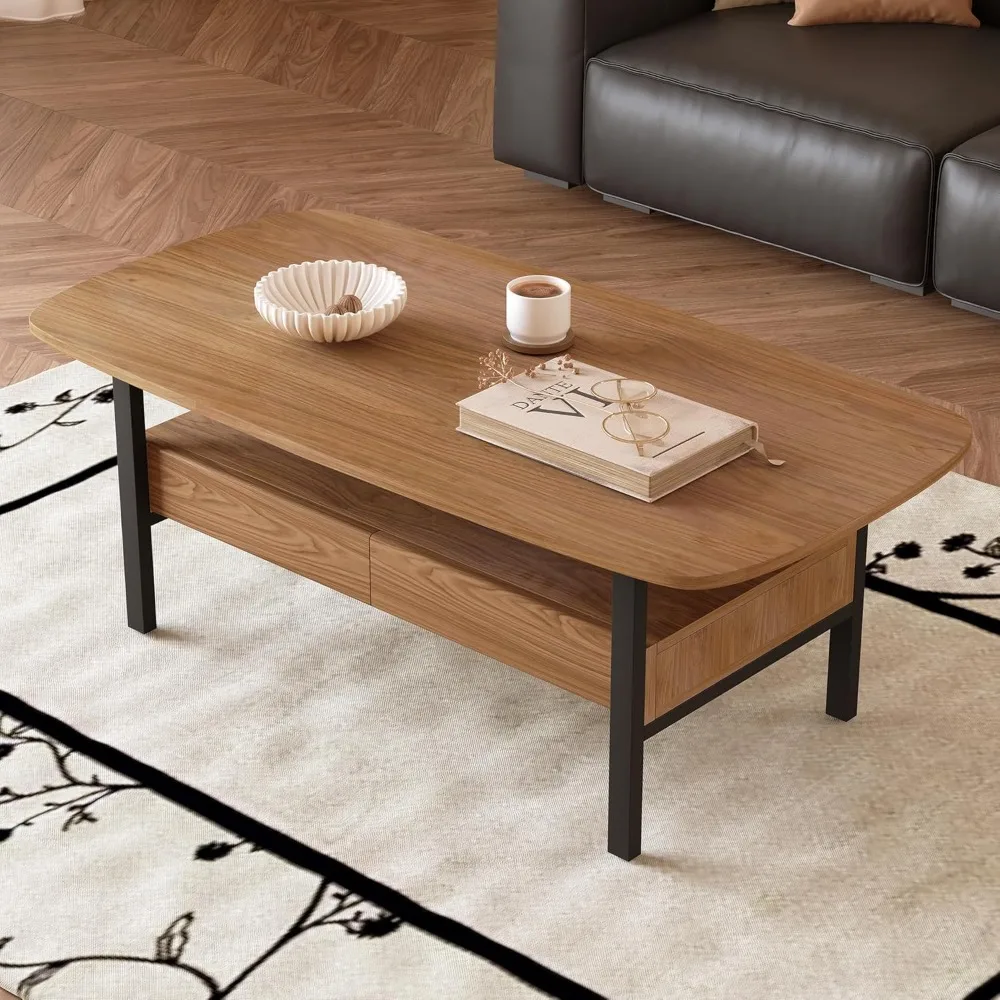 طاولة قهوة بأدراج ورف مفتوح، طاولة مركزية لغرفة المعيشة الحديثة مقاس 47 بوصة مع زوايا مستديرة، طاولة شاي للتخزين