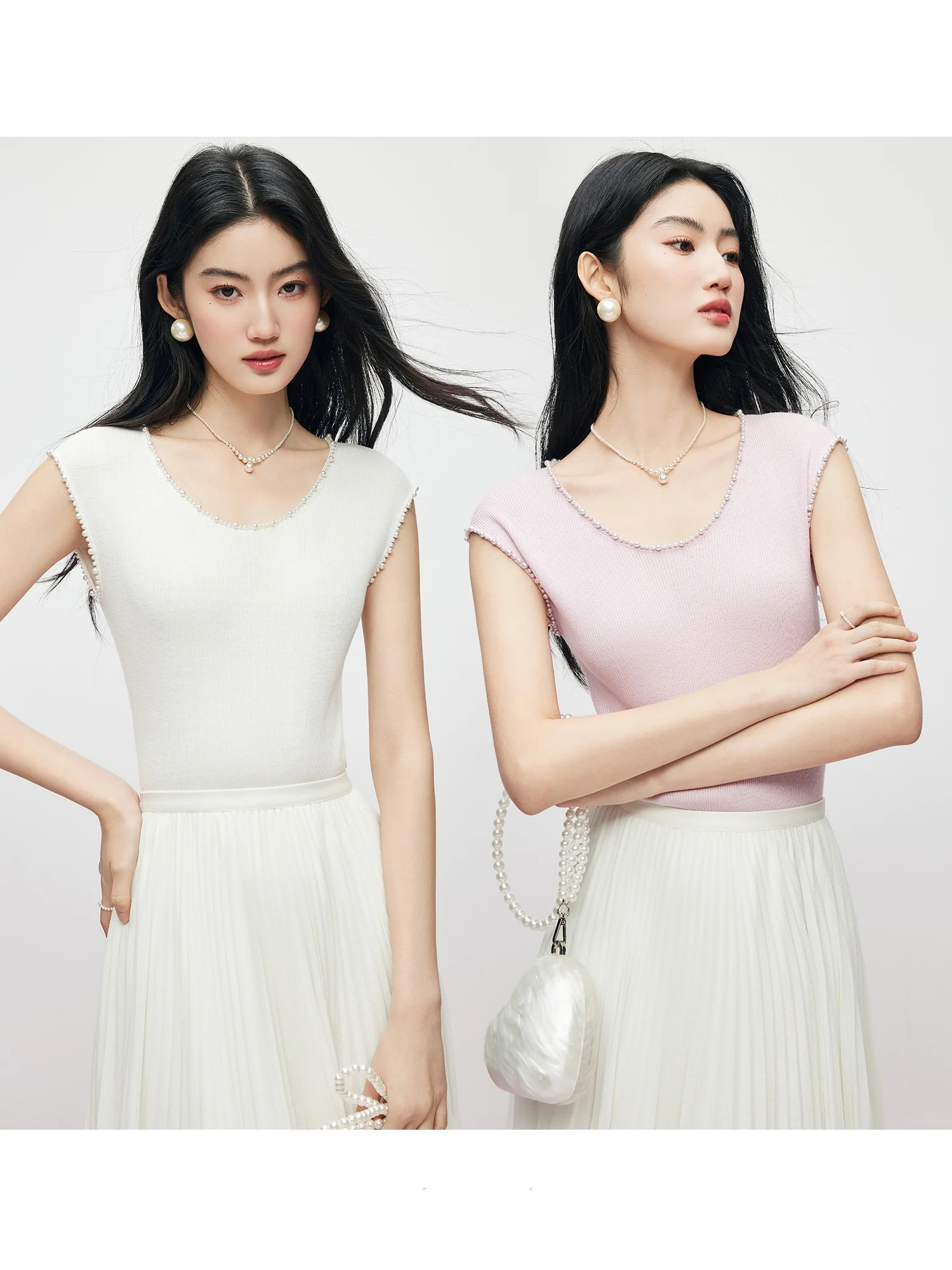 

MandyZhang Silk Wool Knitted Vest Women's Svel Summer Slim Fit round Ne ort Top Hand Beaded Casual Chic Daily Wear