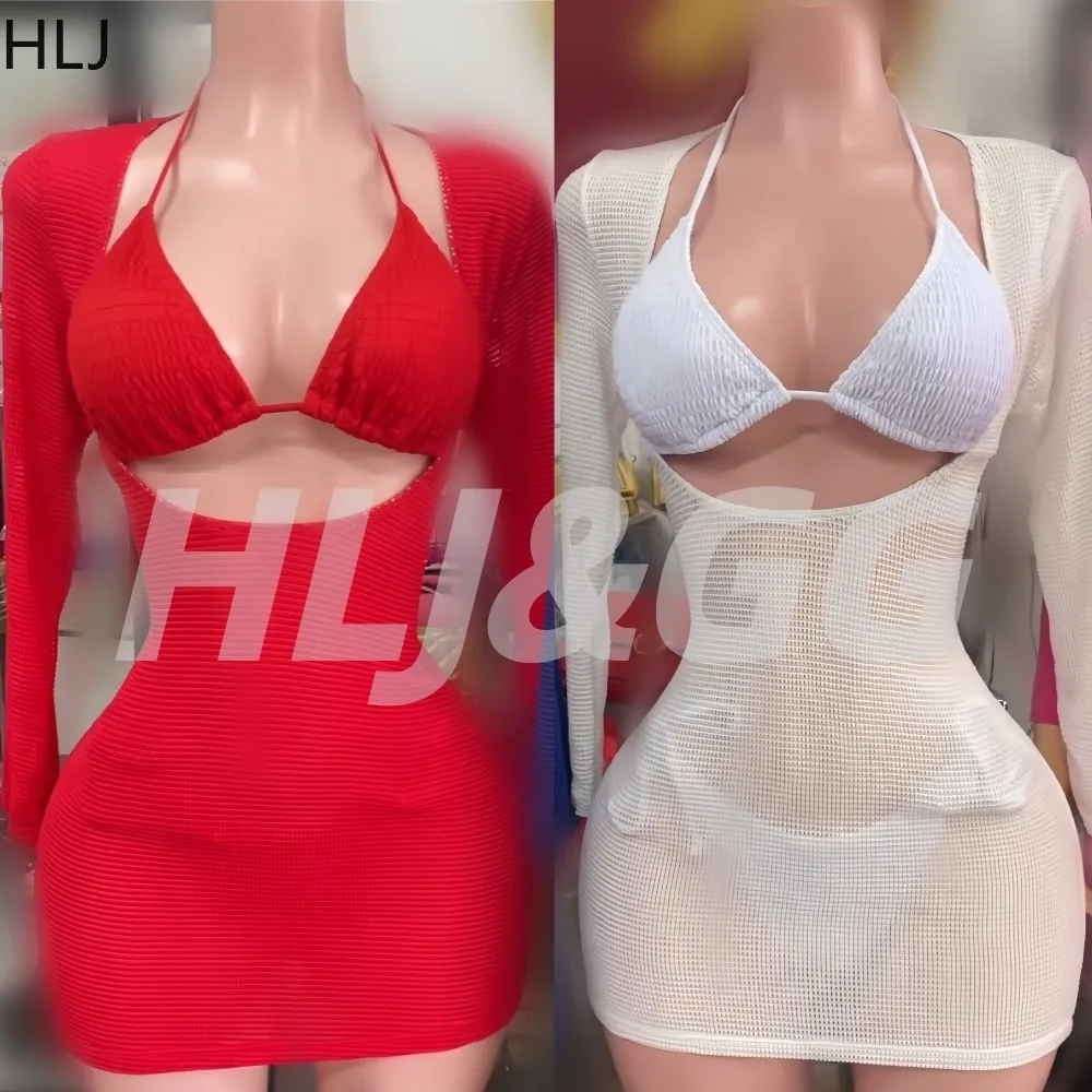 HLJ Sexy Mesh Hollow-out 2 Piece Swimsuit Cover Up Set Halter Bikini Top + Mesh Long Sleeve Mini Dress Beachwear 2026 Summer New