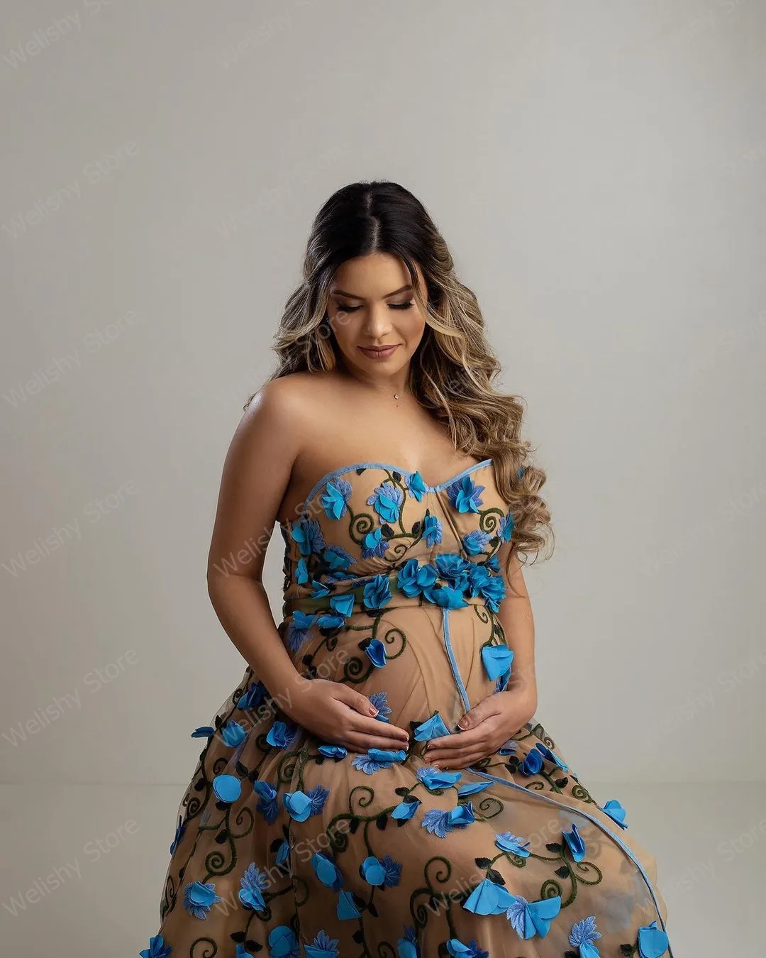 New Arrive 3D Blue Appliques Tulle Pregnant Gowns Sweetheart Strapless Long Maternity Dresses With Removed Sleeve Custom Made