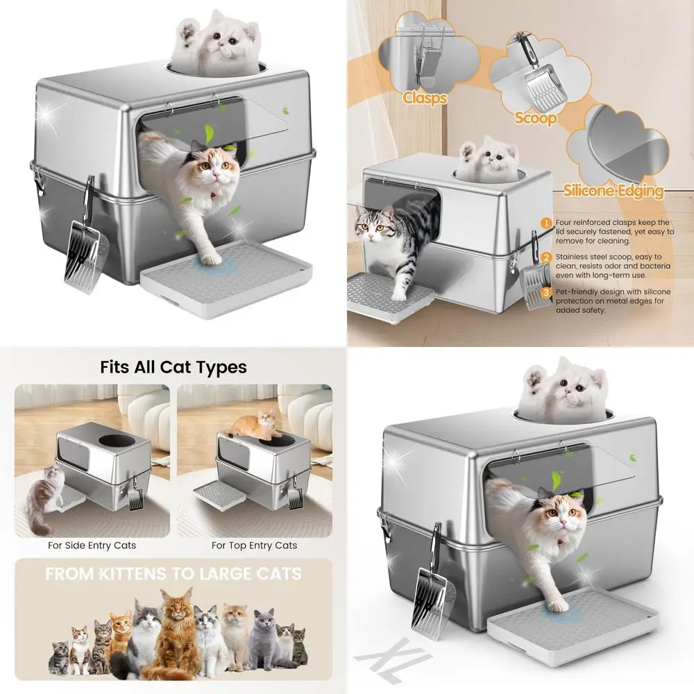 

Large Enclosed Stainless Steel Litter Box with Lid, High Sides, Odor Control, Easy Clean, Dog-Proof, Durable Round Edge