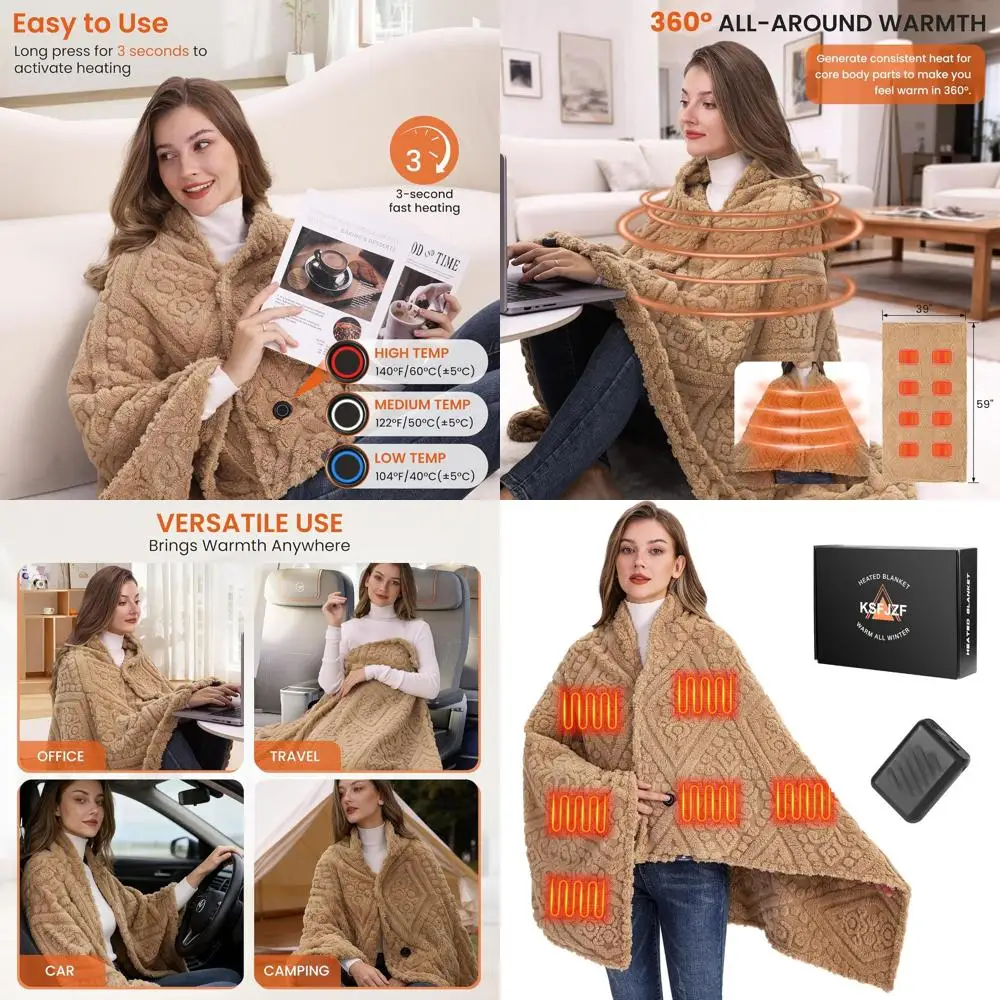 

Cordless Faux Fur Heated Blanket with Power Bank - 3 Heat Settings, Fast Warming, Machine Washable, 59x35.5 Camel
