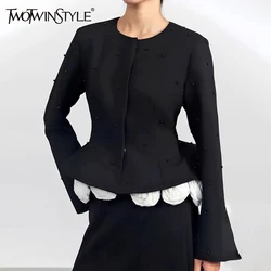 TWOTWINSTYLE Patchwork Appliques Slimming Coats For Women Round Neck Long Sleeve Tunic Spliced Pearls Elegant Jacket Female New