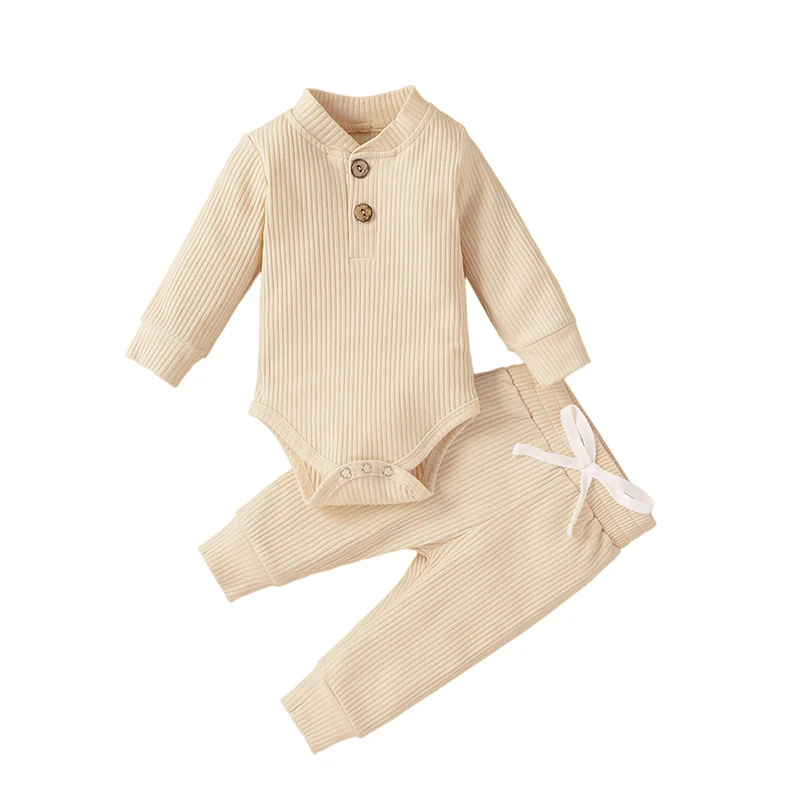 

Fall Newborn Baby Boy Girl Clothes Ribbed Knitted Cotton Long Sleeve Romper Long Pants Solid Color Fall Winter Outfits