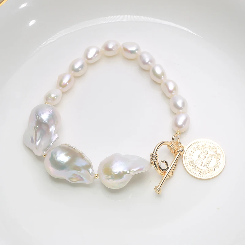 

100% Natural freshwater special-shaped mix and match grand Baroque dazzling pearl bracelet French simple vintage gold OT buckle