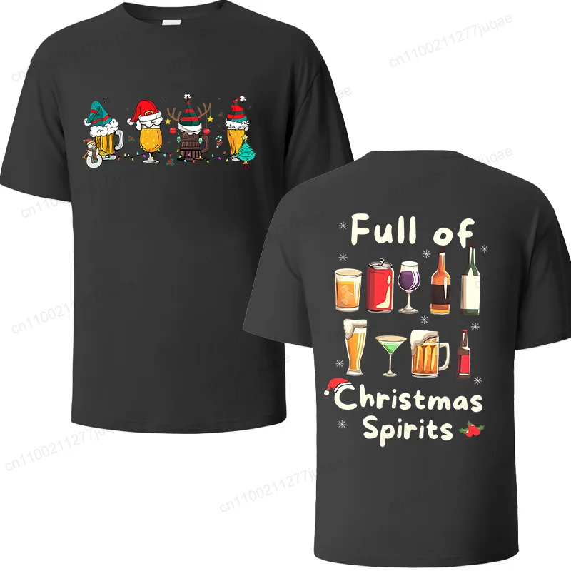 Men Women Funny Full of Christmas Spirits Print T‑Shirt Beer Wine Graphic Tees Xmas Holiday Party Tops Christmas Gift T‑shirt