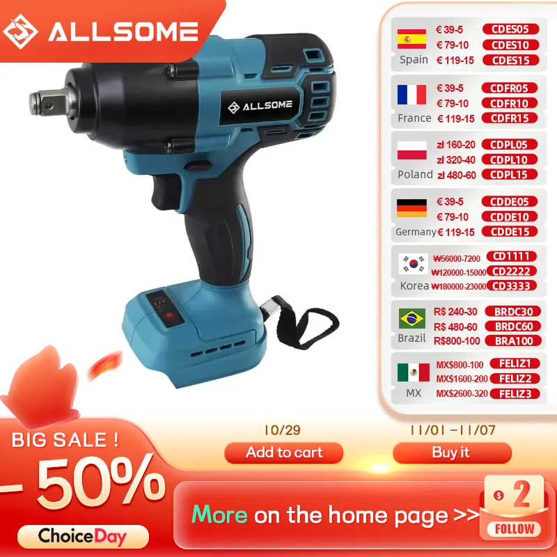 

Allsome 500N.m 21v Brushless Cordless Impact Wrench 1/2 inch Compatible Makita 18V Battery for Car Repair Truck Repair