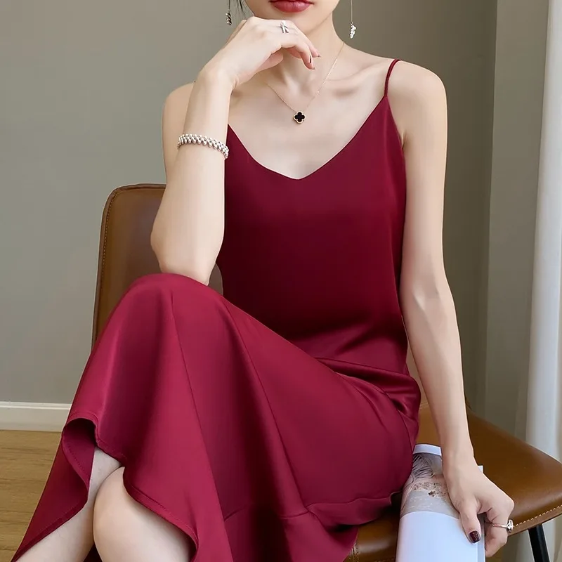 엘레 블라 실크 스트랩 드레스 여성 여름 신상 실크 네임 레이디 롱 실크 새틴 V넥 A라인 드레스 한국 스타일