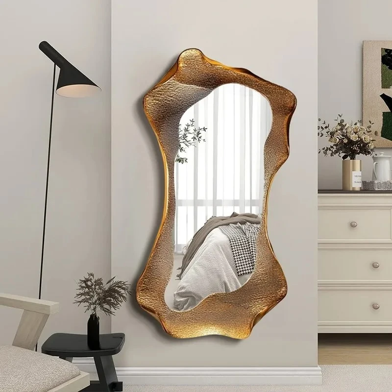 

Modern Wall Hanging Aesthetic Mirror Living Room Decoration Espelhos Home Products Wavy Vintage Gold Mirror Luxury Nordic Big