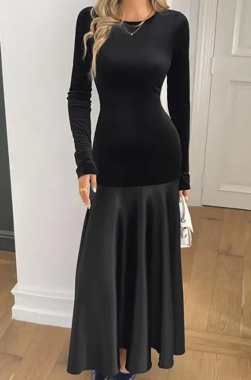 

French Elegant Temperament Style Solid Color Simple Velvet Patchwork Silk Satin High Waisted A-Line Long Sleeved Women's Dress