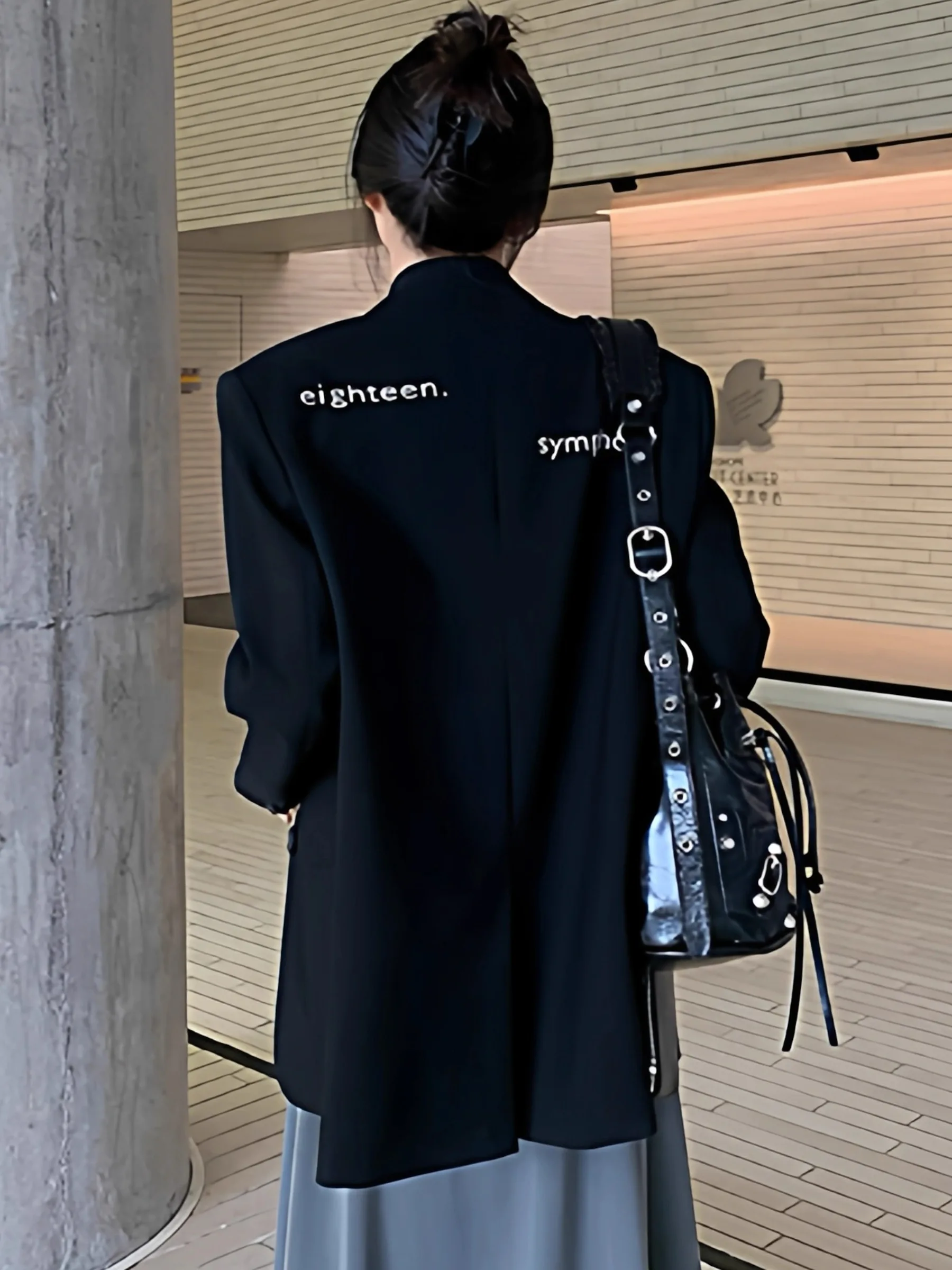 

Casual Black Suit Jacket Women's Loose Fit Long Sleeve Letter Print Warm Office Party Wedding Casual Versatile Stylish Top