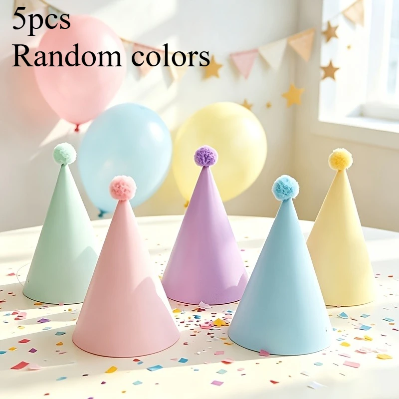 5PCS Party Headwear Random Color Fur Ball Party Hat Pure Color Conical Paper Birthday Hat Party Atmosphere Feeling Photo