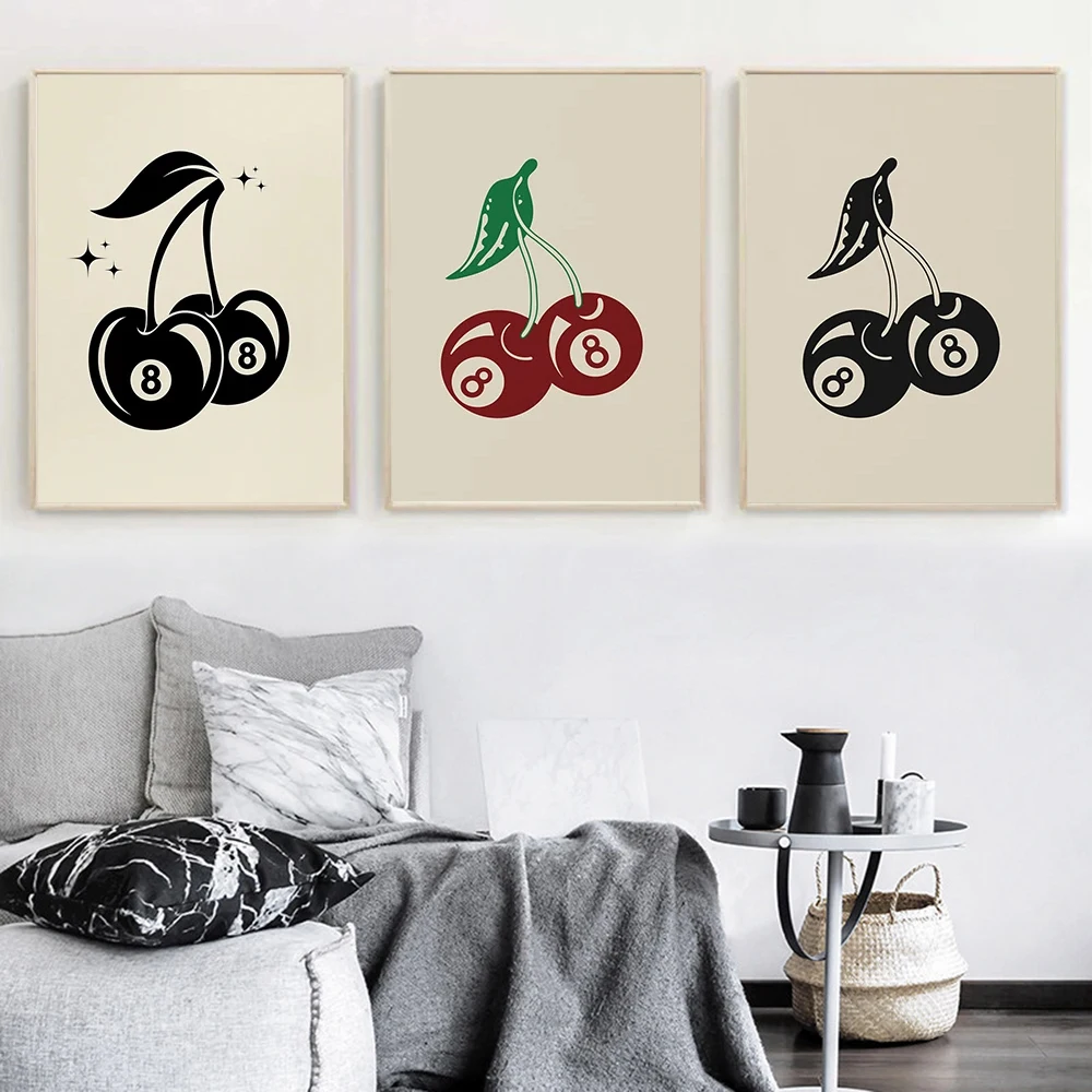 

Modern Retro 8 Ball Cherry Disco Red Black Girl Beauty Poster Fashion Prints Canvas Painting Wall Art Picture Living Room Decor