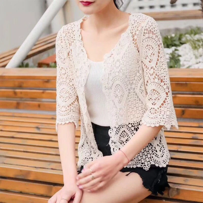 Women Knitted Lace Shrug Boho Hollow Crochet Floral 3/4 Sleeves Open Front Cropped Cardigan Elegant Mesh Sweater Coveup