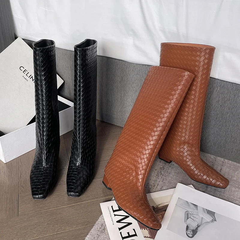 JOZHAMTA Size 33-40 Women Woven Knee High Boots Soft Leather Chunky Heels Shoes Fall Winter Wide Calf Pull On Long Tall Boots