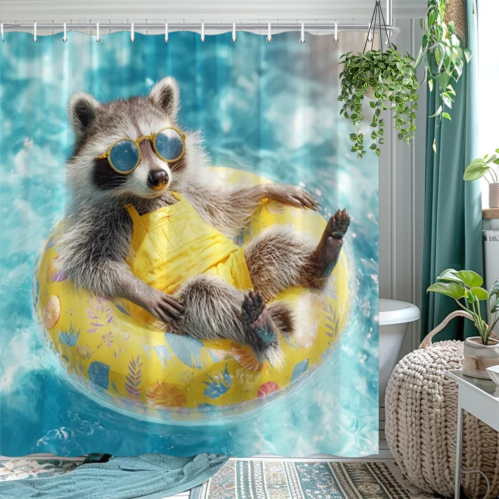 

Whimsical Raccoon Floating Shower Curtain Bathroom Decor Tropical Watercolor Animal Print Novelty Bath Curtain Large Size 180x20