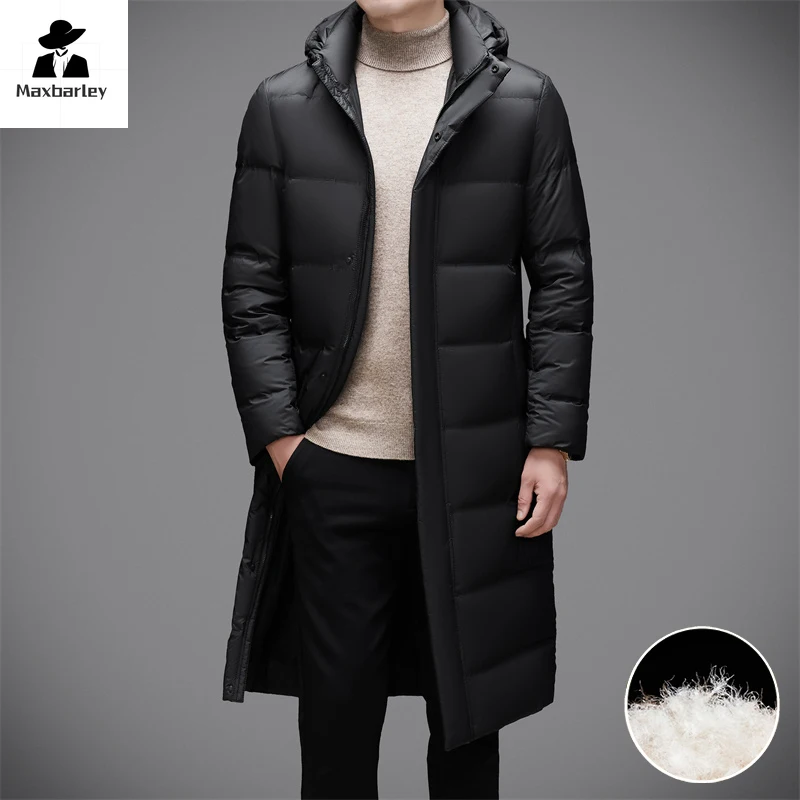 Winter New Men\'s Down Jacket Light Luxury Business Long Knee-length Thickened 95% Duck Down Parka British-style Warm Hooded Coat