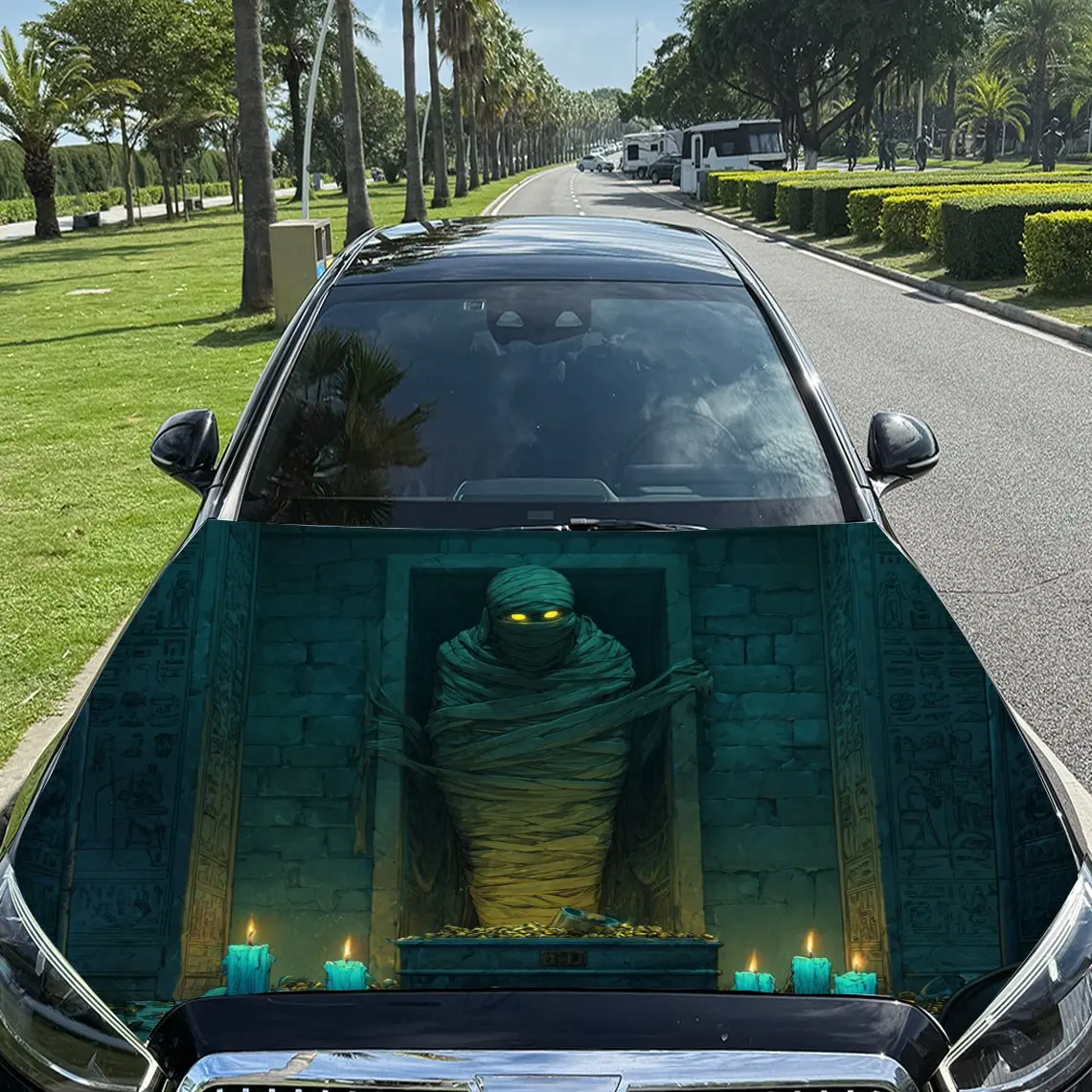 

Mysterious Ancient Tomb Mummy Car Vinyl Wrap, PVC Material Waterproof Car Hood Sticker, Self-Adhesive Scratch-Resistant Stickers