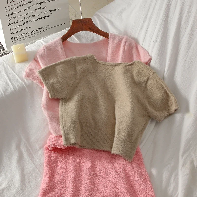 

Женские комплекты, укороченный топ, однотонный, тонкий, повседневный, сладкий, сексуальный, карамельный цвет, кавайная уличная одежда, уютный корейский стиль, базовый шик, весенний Mujer Ins, новинка