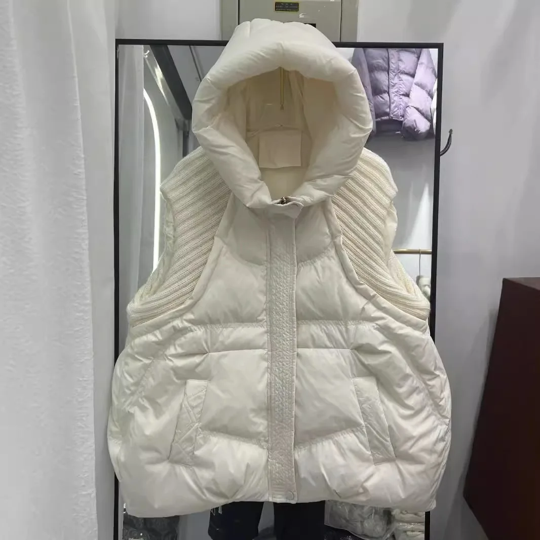 autumn winter new anti-season down jacket women's vest short hooded thickened knitted wool white duck down jacket Free delivery