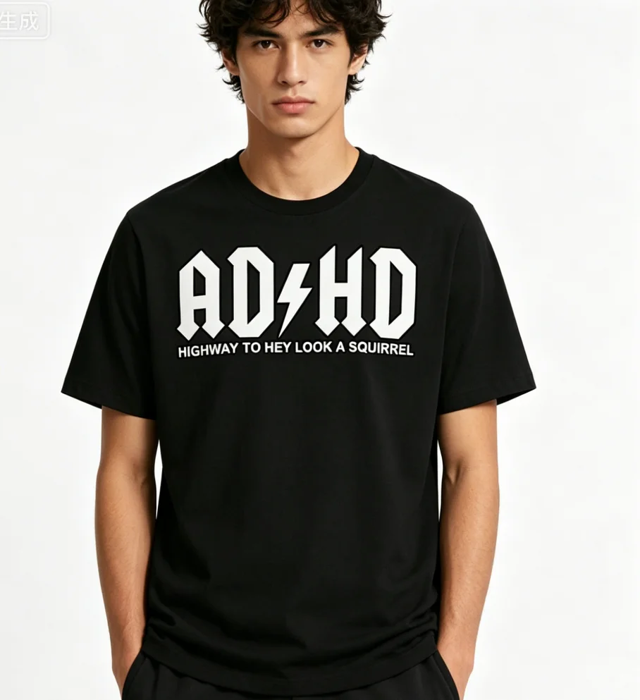 Men's Attention Deficit Hyperactivity Disorder Pattern T-shirt-black Casual Summer Round Neck T-shirt Bold Local Stock T-shirts