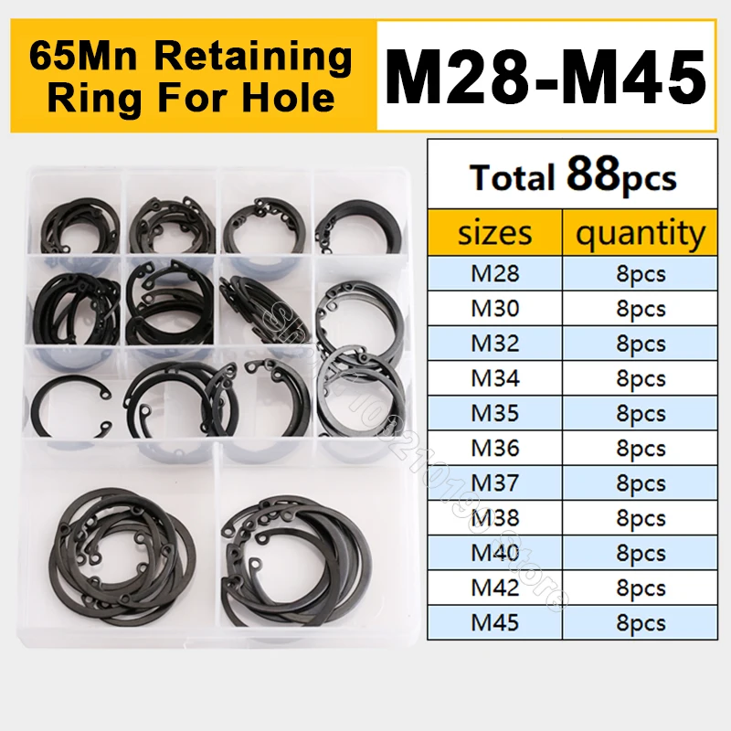 

88Pcs M28-M45 Black C Type Internal Circlip Retaining Rings Assortment Kit for Hole 65Mn Manganese Steel Circlip Snap Rings Set