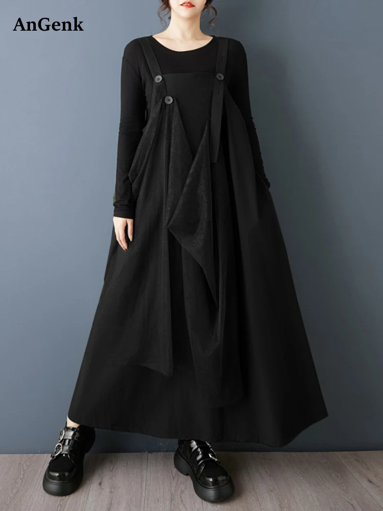 

2026, весенне-осеннее новое черное винтажное сетчатое платье на бретелях для женщин, свободное повседневное платье без рукавов, халат, элегантная модная одежда