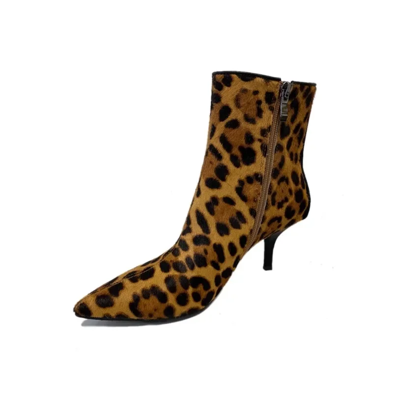 Leopard Print Horsehair Temperament Pointed Head High Heel Thin Short Boots Fashion Fur Integrated Thin Heel Short Boots Women