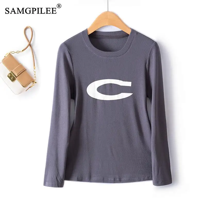 

2023 Autumn Winter Simple Women T-shirt Full Sleeve Letter Printing Pit Pattern Elastic Solid Thin Bottoming Shirt Tops Woman