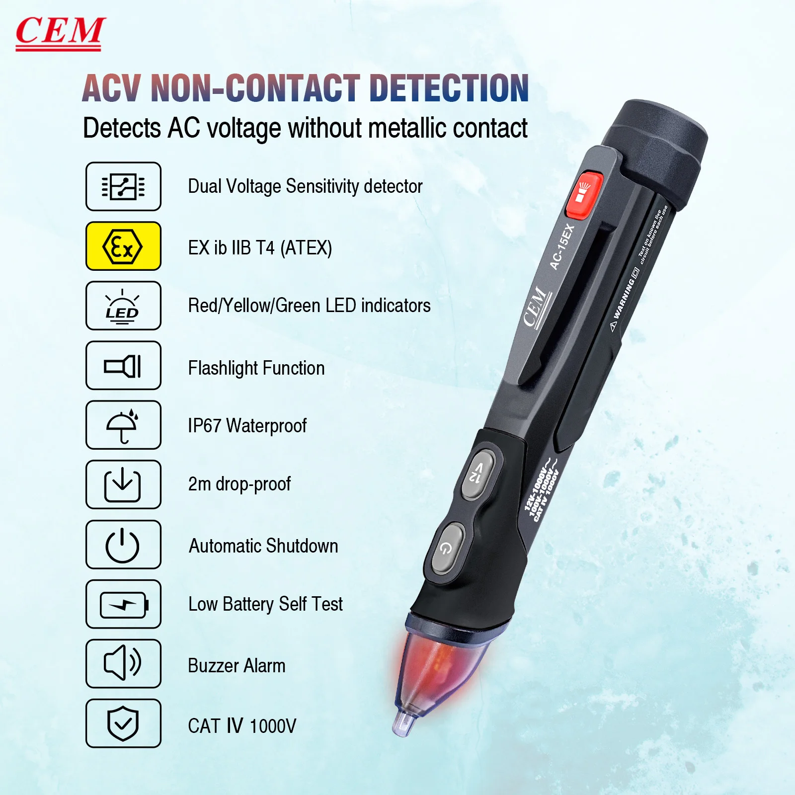 

Industrial Non-Contact AC Voltage Detectors Pens With High Power Rear Flashlight CAT IV 1000V, IP67 Water Proof & 2m Drop-Proof