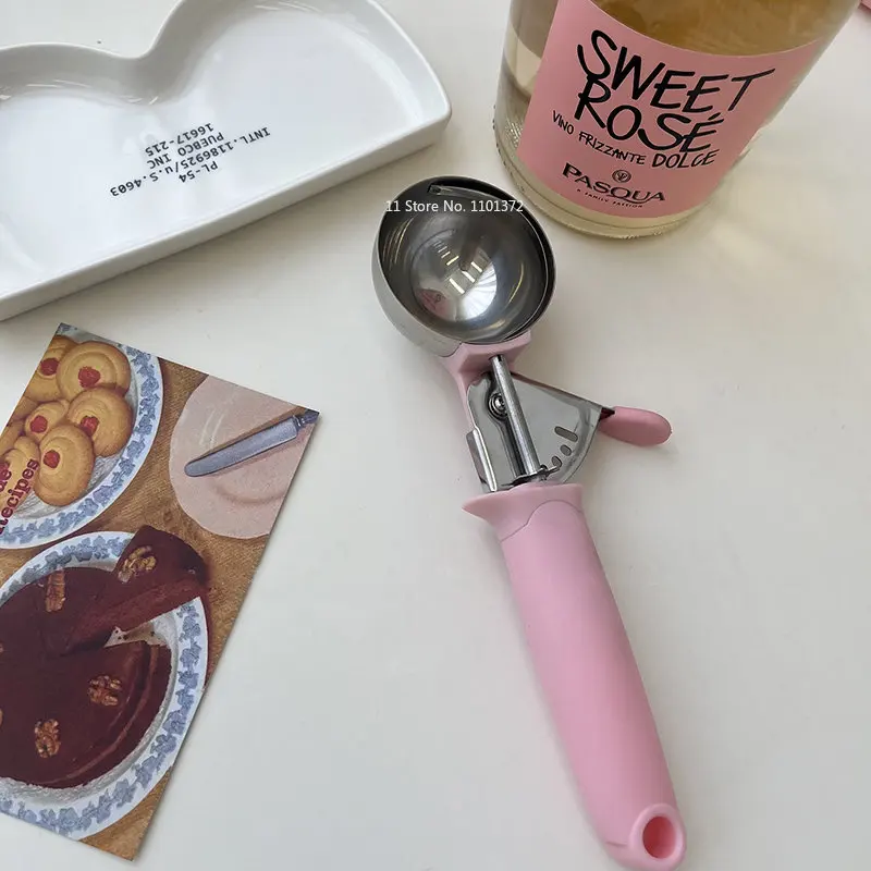 INS Style Stainless Steel Digging Spoon Pink Metal Fruit Digger Watermelon Spoon Ice Cream Digging Spoon Circular Spoon