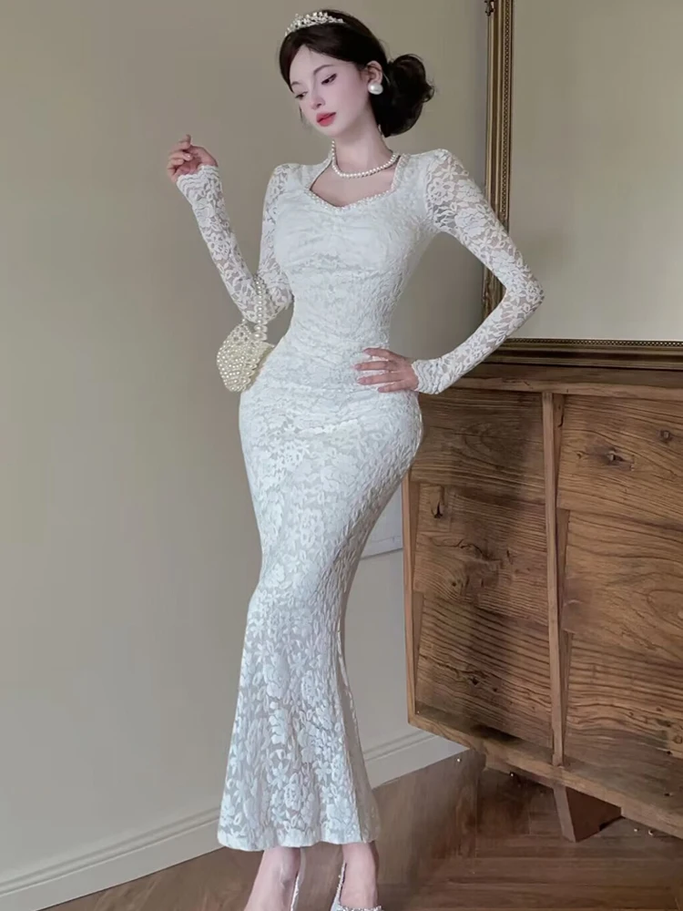 Coreano primavera elegante feminino rendas magro sereia vestido mujer luxo grânulo gola quadrada manga longa bodycon vestidos
