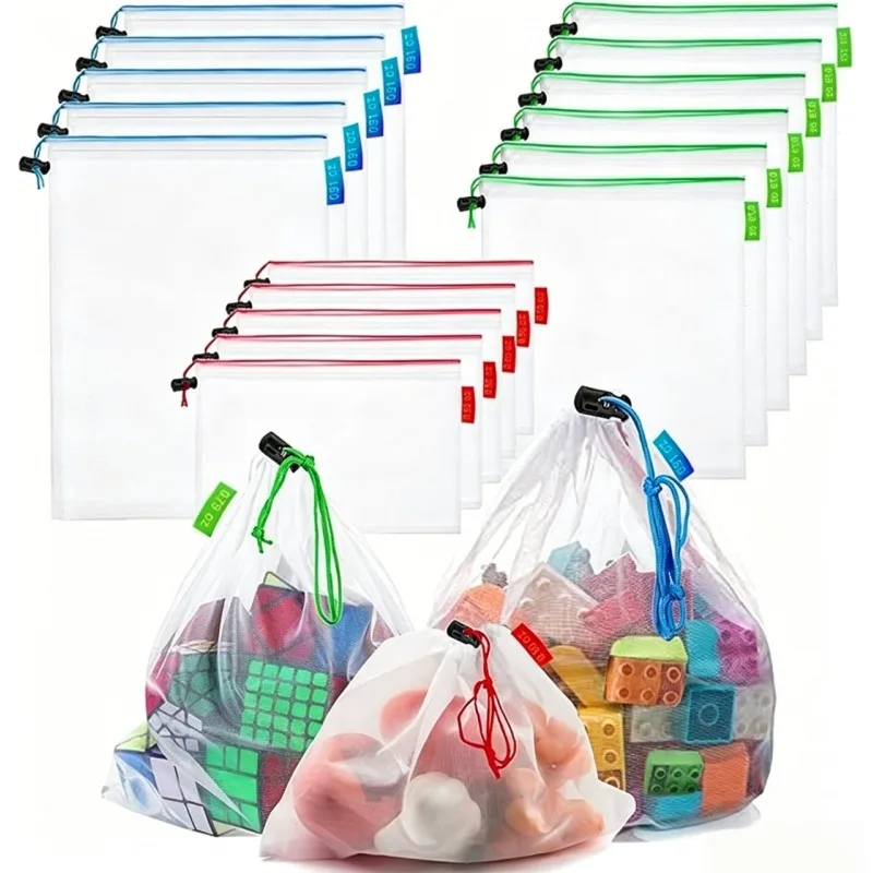 Netz-Spielzeug-Aufbewahrungsbeutel mit Kordelzug, wiederverwendbare, waschbare Beutel für Kinderblöcke, Puzzles, Obst, Gemüse, Spielzimmer, Küchen-Organizer – Detail 2