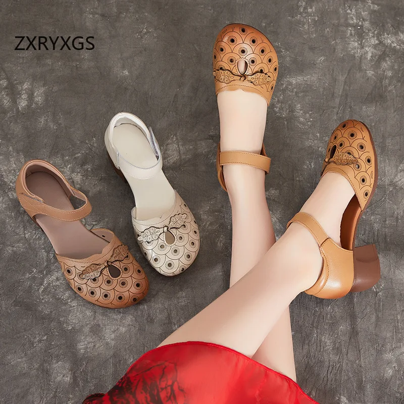 ZXRYXGS Classic Printing Side Air Round Toe Sandals Genuine Leather Shoes 2025 Summer Thick Mid Heel Women Sandals Banquet Shoes
