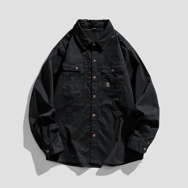 Spring Autumn Hot Sale Mens Versatile Retro Style Workwear Shirt Multiple Pockets Simple Collar Top Fashionable Outerwear