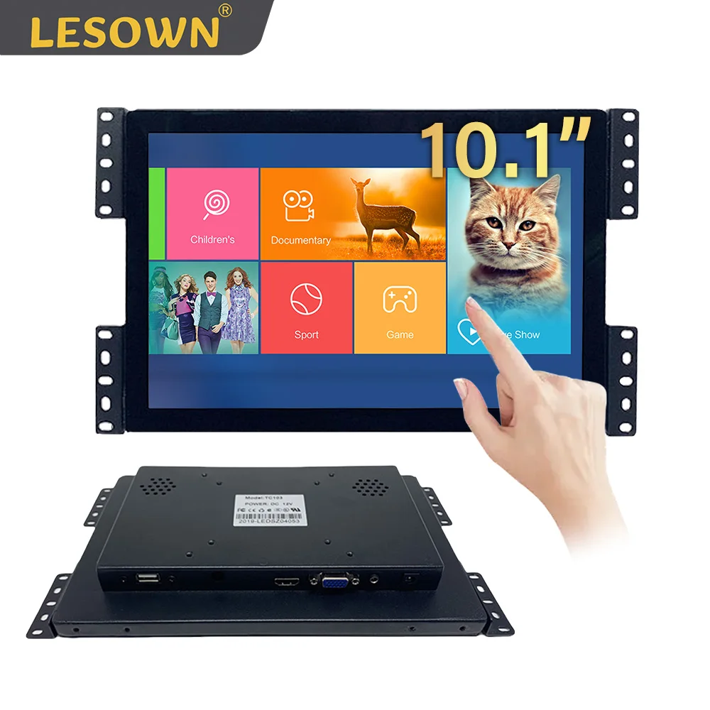شاشة LESOWN مدمجة 10.1 بوصة 300cd/m2 / 600-1000cd/m2 1280x800 IPS تعمل باللمس بالسعة Win-10 شاشة كمبيوتر مع VGA/HDMI/USB (لمس)