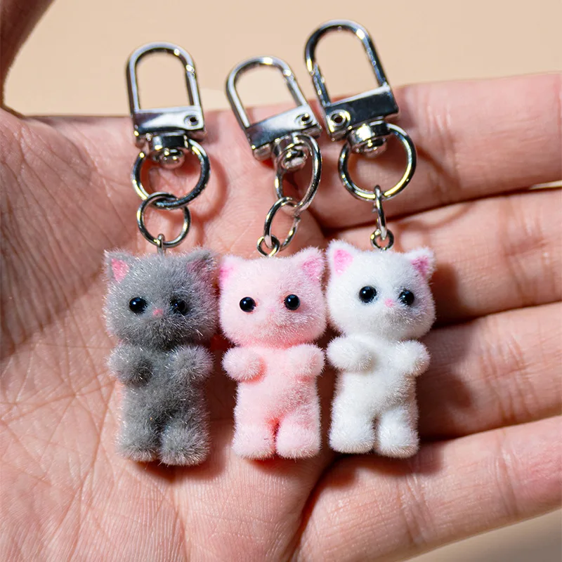 New Cute Cartoon Mini Flocking Cat Keychain Pendant Resin Girls Exquisite Cat Backpack Decoration Pendant Birthday Gifts