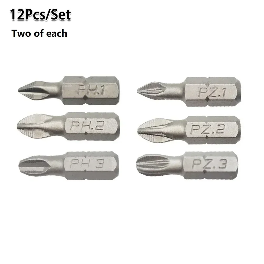 12 PCS/Lot 25mm Cross Bits Set Hex Shanked Anti Slip Screwdriver Bits Magnetic Non-Slip Drill Batch Head PH1/PH2/PH3/PZ1/PZ2/PZ3