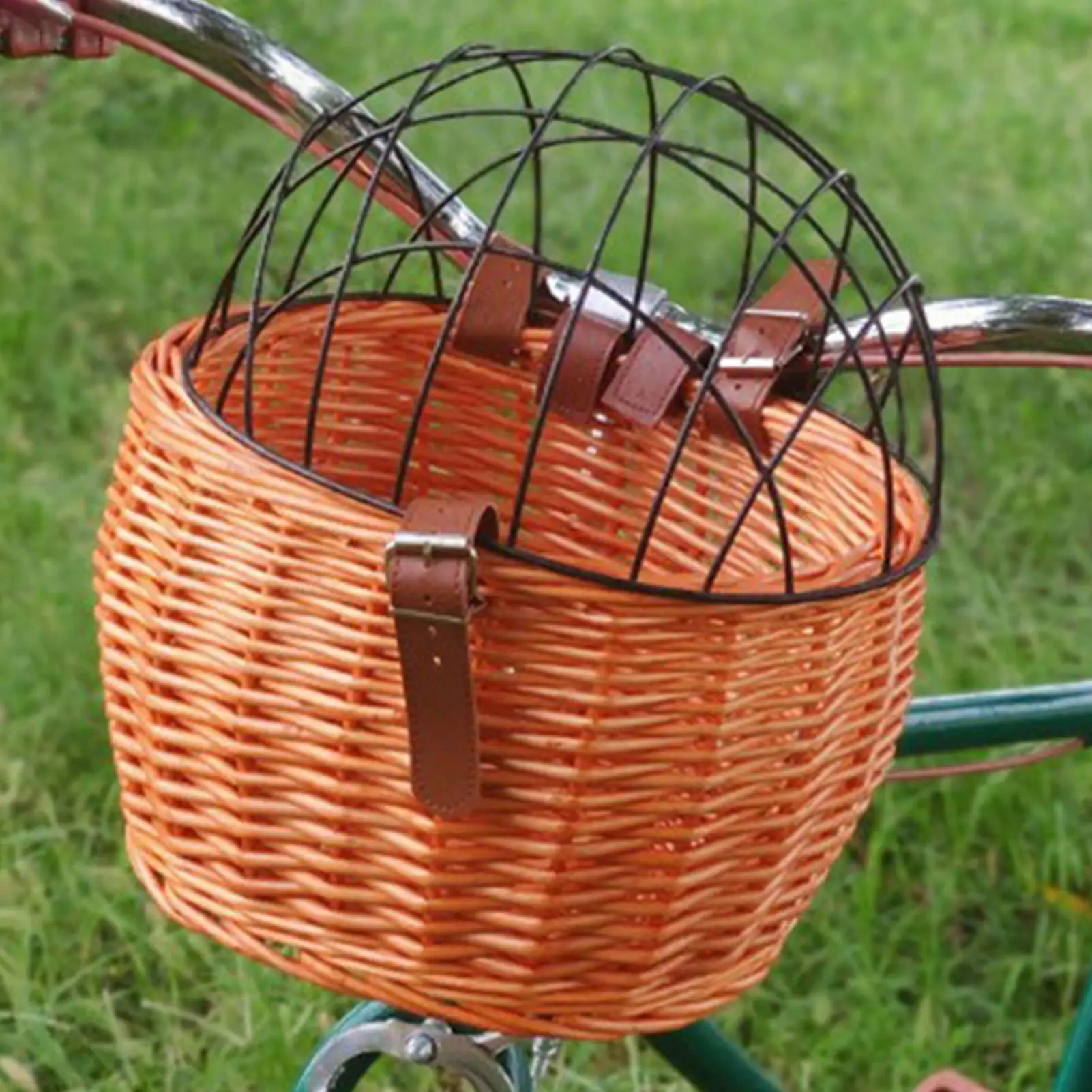 

Wicker Bike Basket for Small Dogs Cats Pet Carrier Front Basket with Wire Mesh Cover