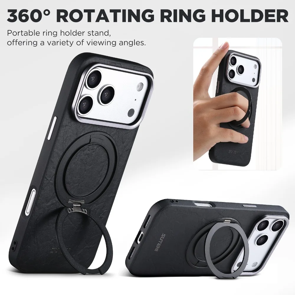 Magnetic Wireless Charging PU Leather Phone Case for iPhone 18 17 16 15 Pro Max with 360° Rotatable Stand