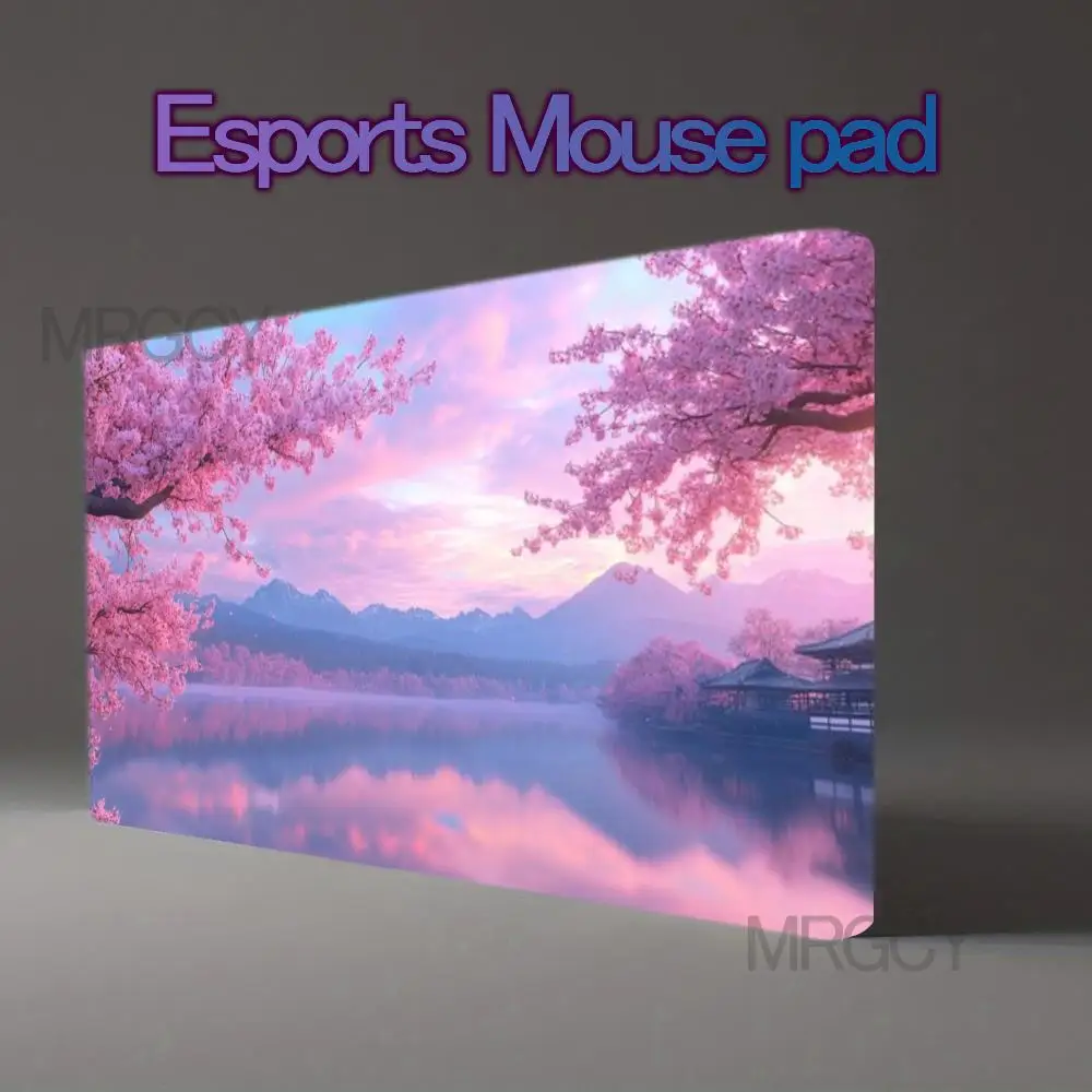 Sakura Lake Scenery Desk Pad Non Slip Rubber Mousepad Japanese Pink Cherry Blossoms Misty Mountains Old Pavilion Pastel Twilight