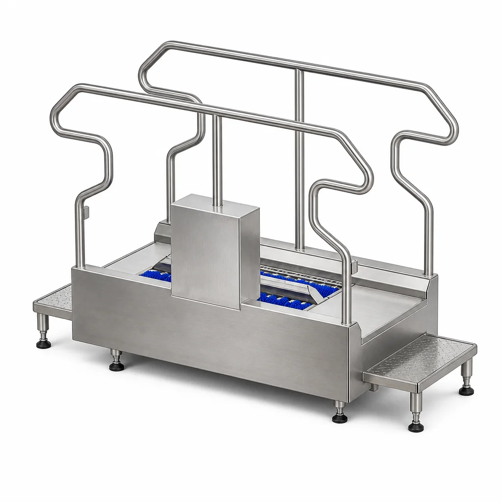 HACCP Compliant Automatic Boot Washer SUS304 - Dual Roller Shoe Sole Scrubber Station for Food Factory