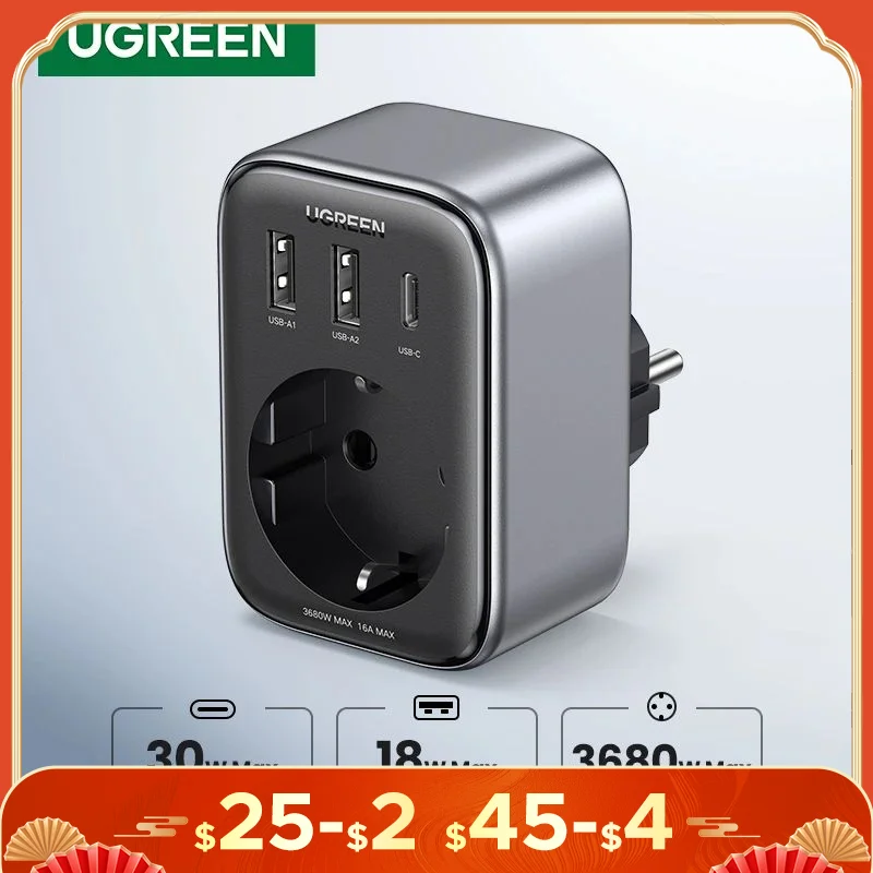 UGREEN 30W GaN PD Charger With AC Outlets Mobile Phone Charger for iPhone 14 Xiaomi USB Wall Socket Power Strip Charger