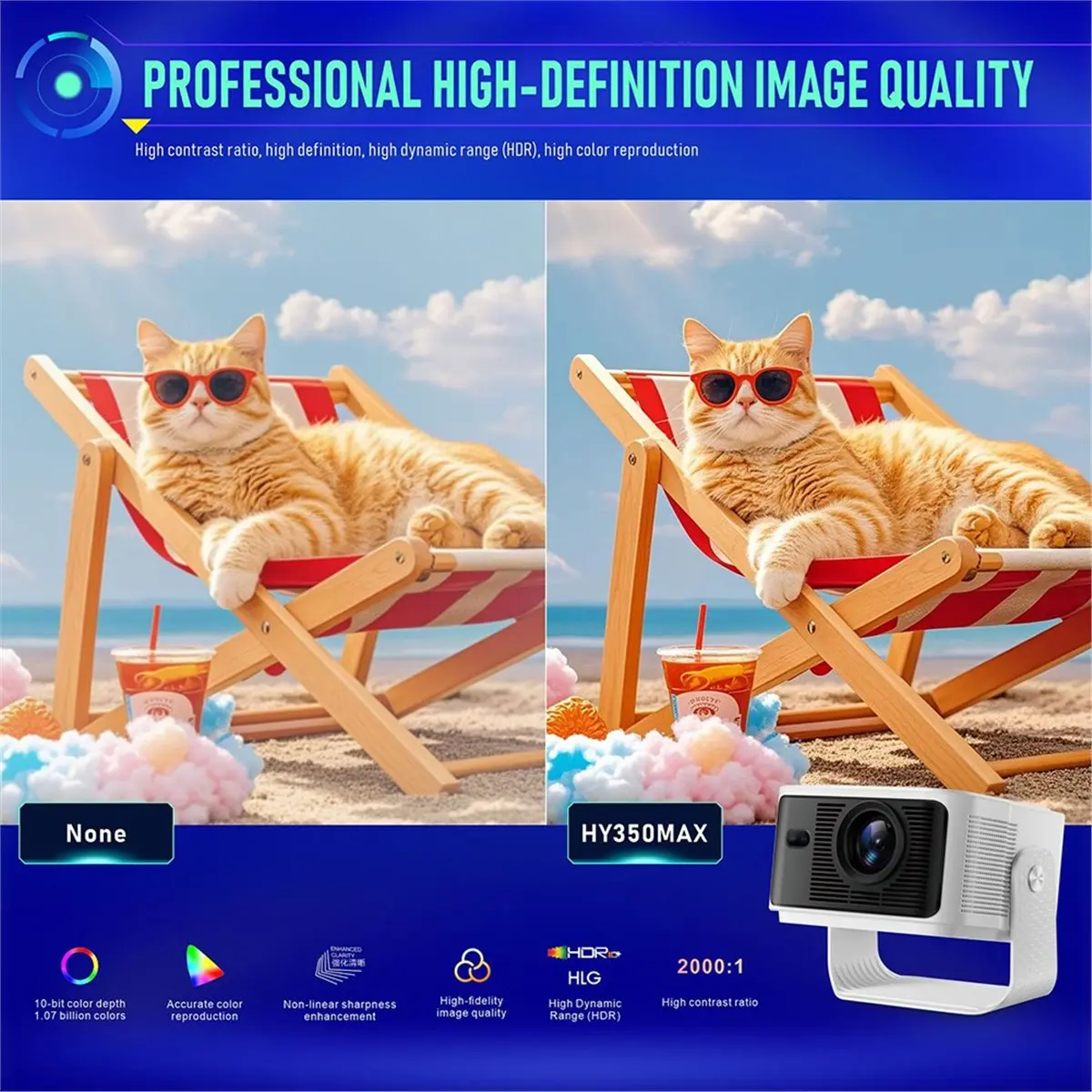 【ELEVATE LIFE】HY350MAX Android 14 Auto Focus Projector 500ANSI 1080P Built-in Speaker Portable for Home Presentations EU