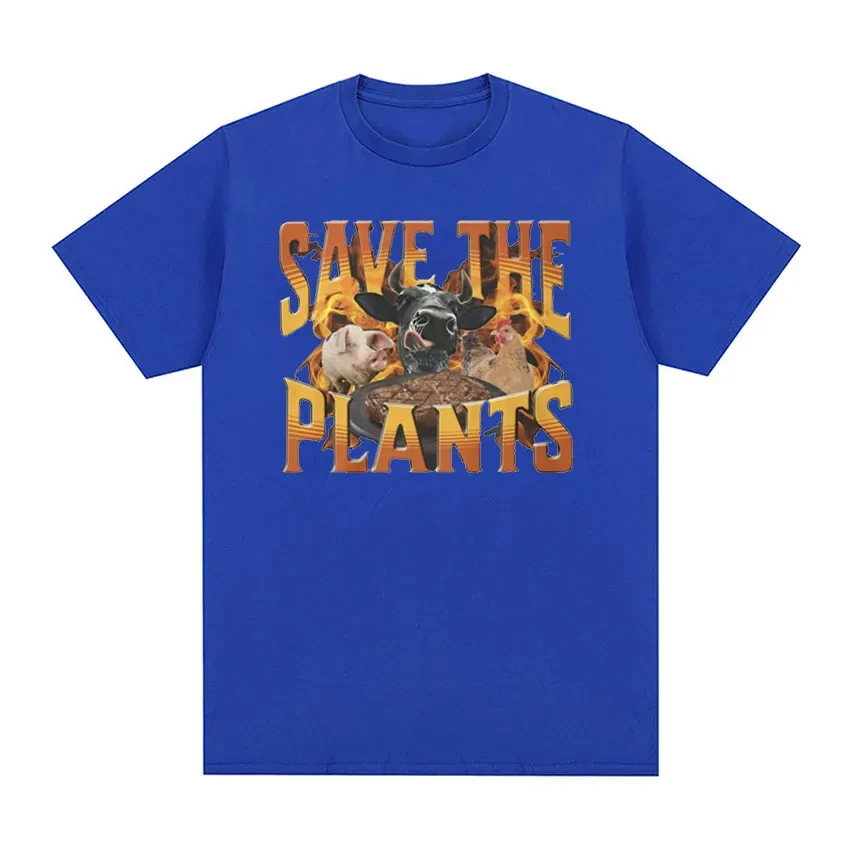 SAVE THE PLANTS Funny Vegan Graphic T Shirt Men Retro Fashion High Quality T-shirts Unisex Casual 100% Cotton Oversized T-shirt